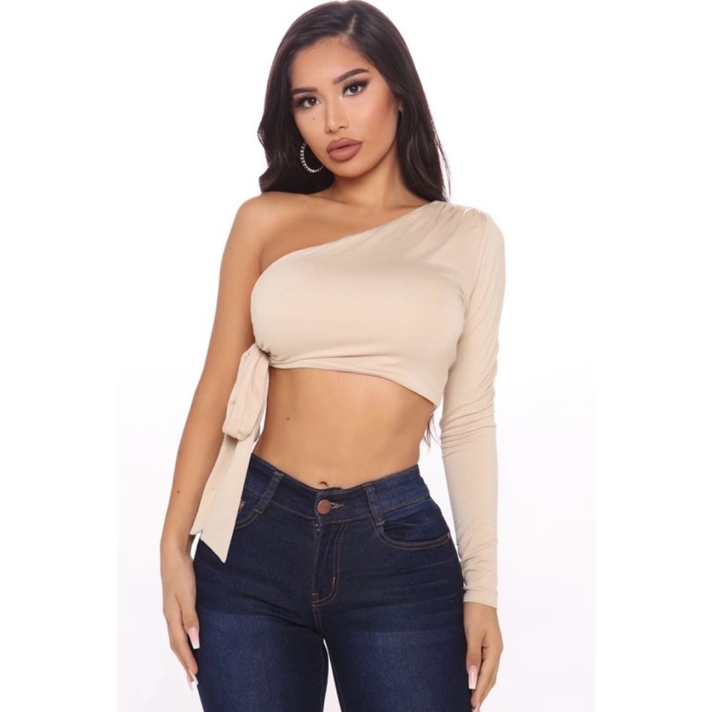 Fashion nova half of me wrap top in beige